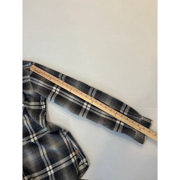 Carhartt women’s hooded flannel button up shirt, gray, and white size small 4/6 - Picture 13 of 13